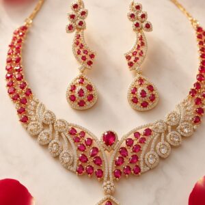 Royal Scroll Crimson Teardrop Empress Ruby-Red Cubic Zirconia Choker Set-Gold Finish