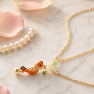 Artisan Enamel Squirrel Enamel Blossom Pendant Chain-Gold Finish
