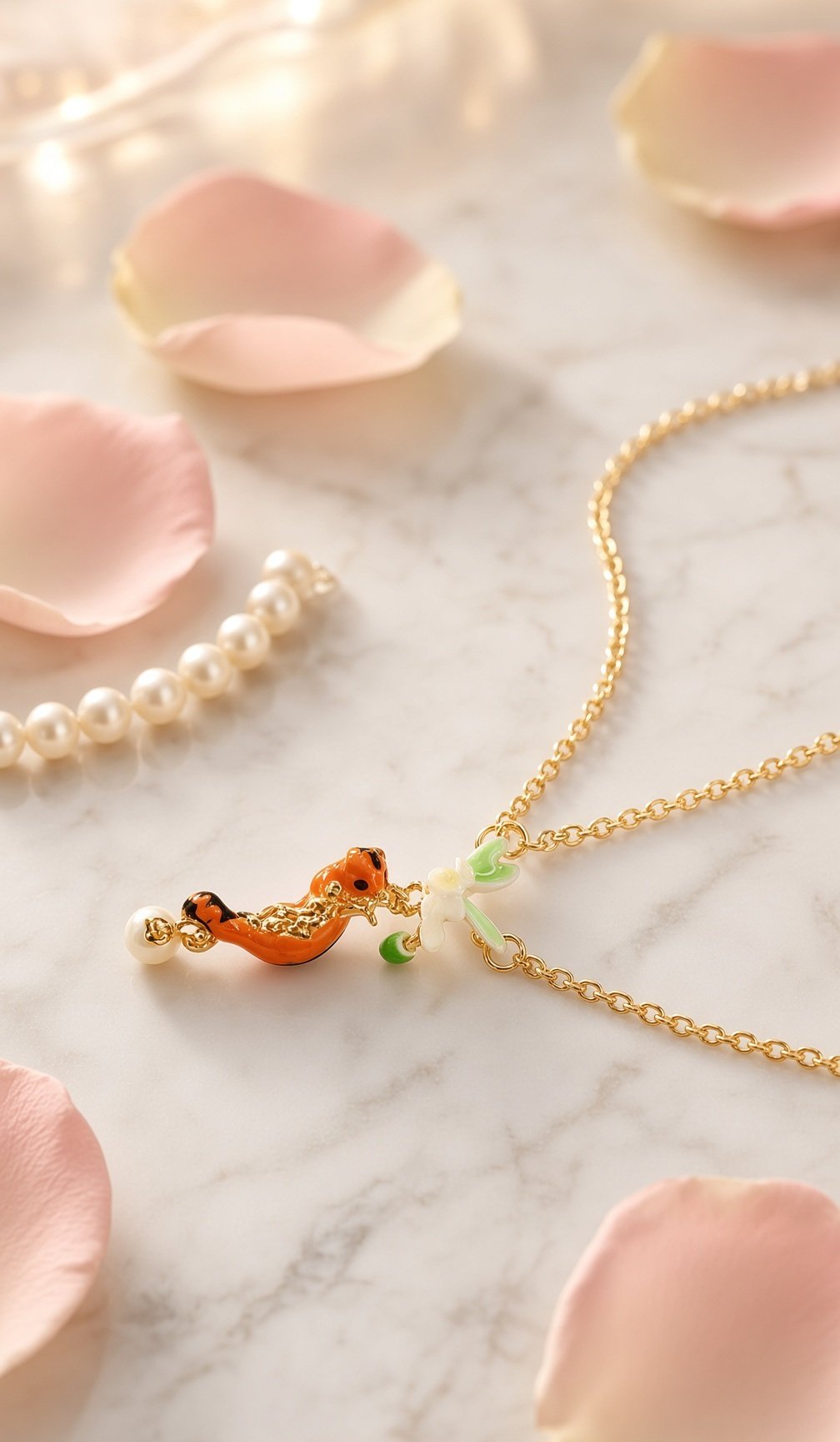 Artisan Enamel Squirrel Enamel Blossom Pendant Chain-Gold Finish