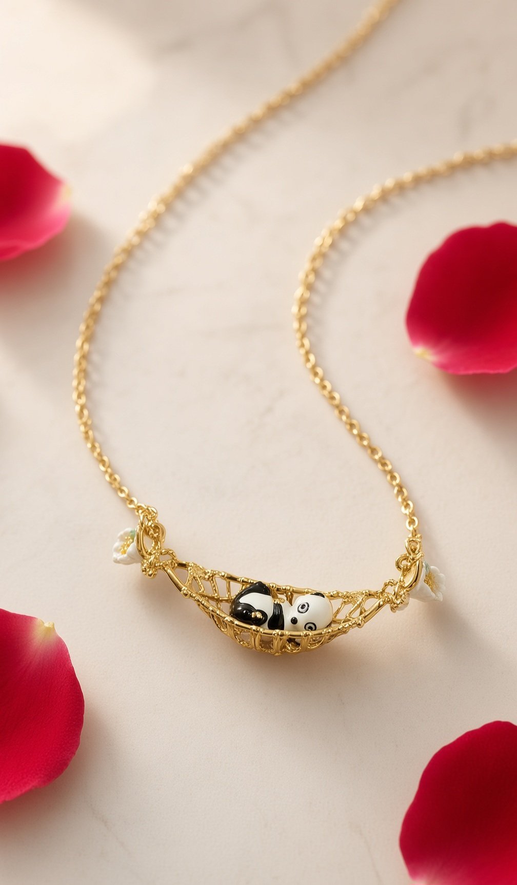 Serenade Sleeping Panda Enamel Pendant Set-Gold Finish