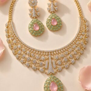 The Pastel Nizam Blush Pink And Mint Cz Bridal Choker Set-Gold Finish