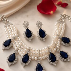 The Imperial Midnight Blue Multi-Strand Teardrop Choker Set-Platinum Finish