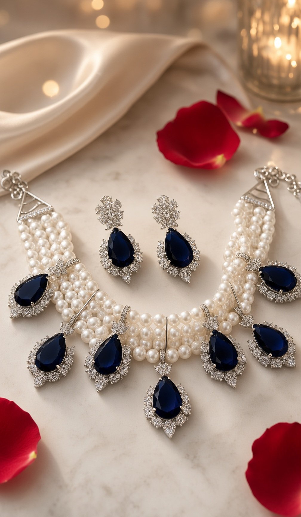 The Imperial Midnight Blue Multi-Strand Teardrop Choker Set-Platinum Finish