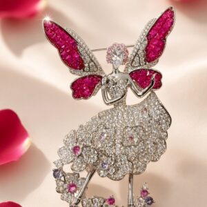 The Enchanted Nymph Ruby Winged Fairy Figurine Brooch-Platinum Finish