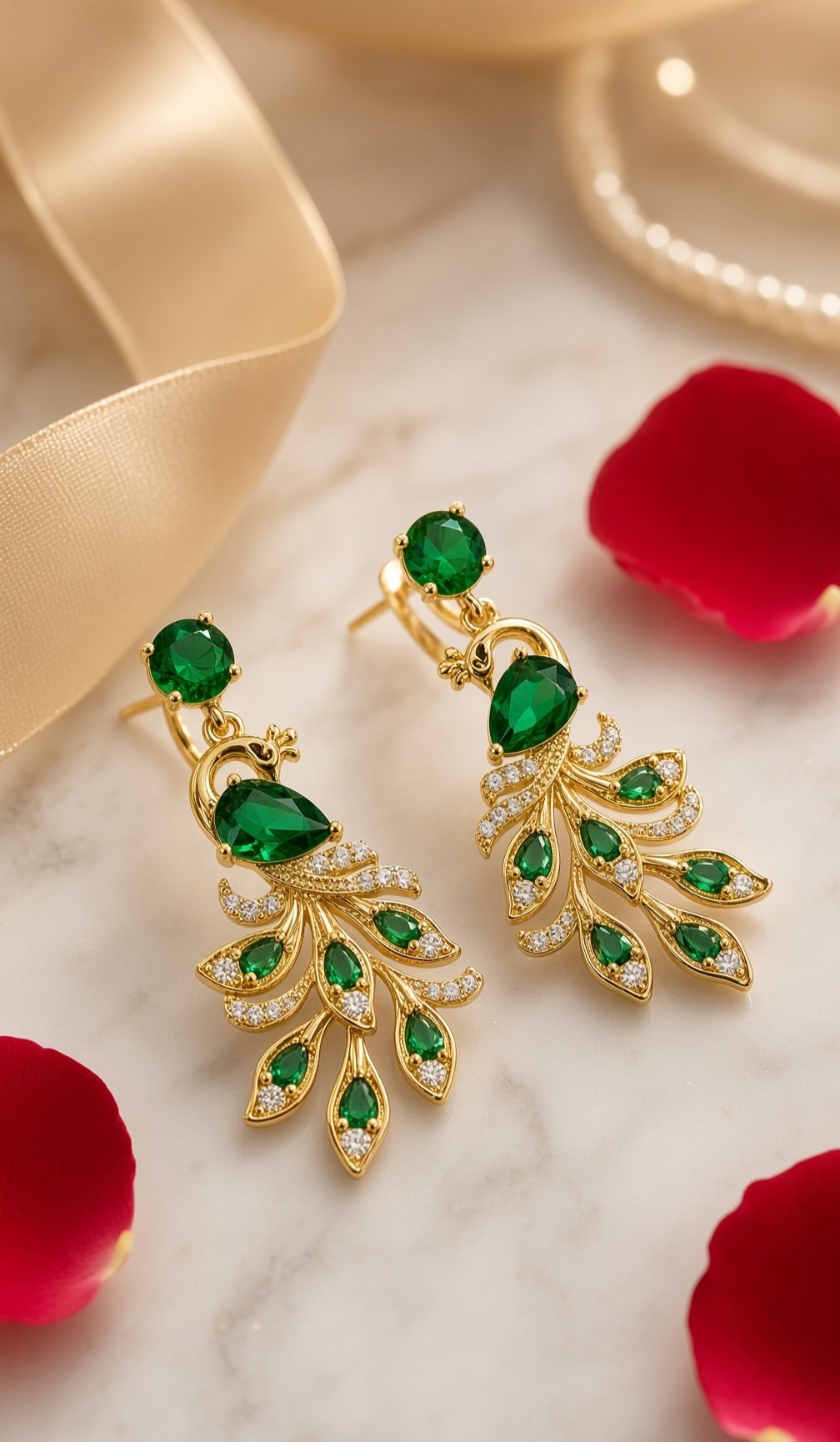 The Emerald Mayura Dangle Peacock Drop Earrings-Gold Finish