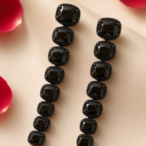 The Midnight Cascade Jet Black Cushion-Cut Drop Linear Earrings-Black Rhodium Finish