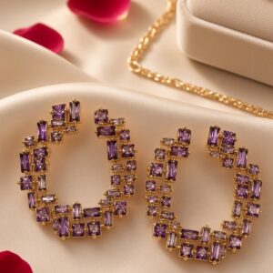 The Amethyst Mosiac Baguette-Cut Open Hoops-Gold Finish