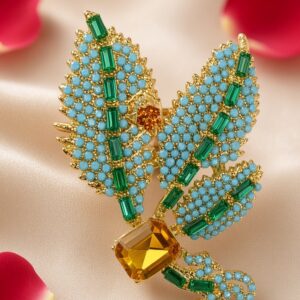 The Royal Topaz And Beaded Leaves Botanical Brooch-Gold Finish