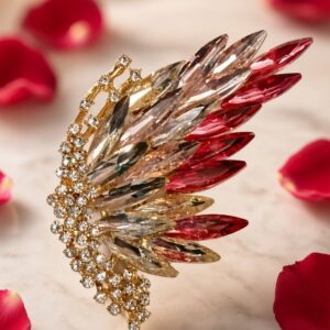 The Crimson Dawn Phoenix Wing Champagne And Ruby Brooch-Gold Finish