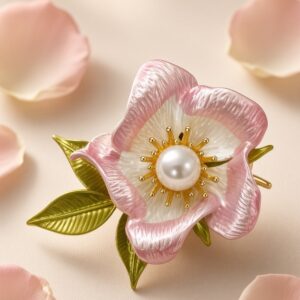 The Blushing Rose Quartz Floral Enamel Brooch-Gold Finish
