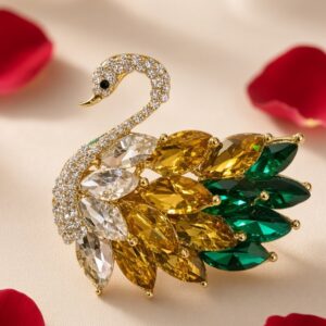 The Odette Tri-Color Crystal Swan Brooch-Gold Finish