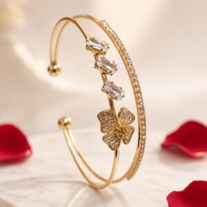 Aurelia Baguette And Four-Petal Open Kada Bracelet-Gold Finish