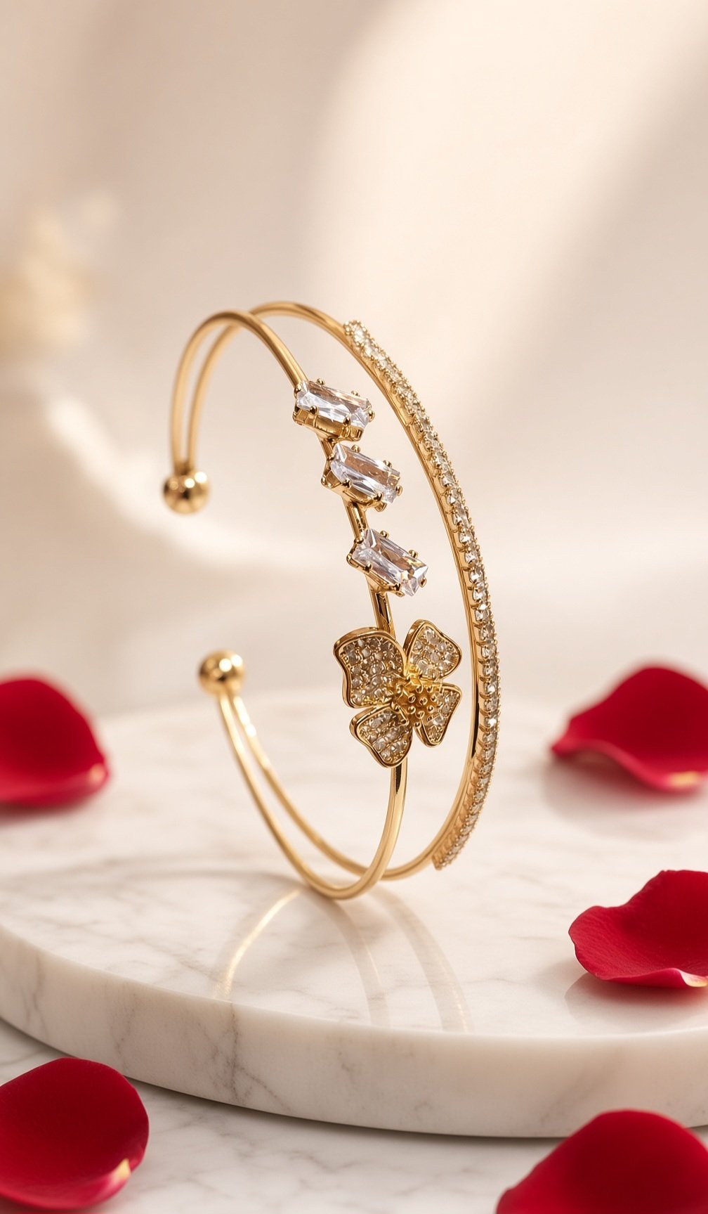 Aurelia Baguette And Four-Petal Open Kada Bracelet-Gold Finish