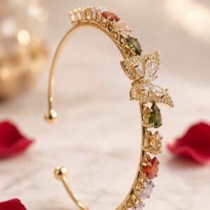 The Papillon Kaleidoscope Enchanted Butterfly Multi-Gemstone Open Kada Bracelet-Gold Finish