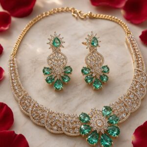 Imperial Mint Green Floral Lattice Collar Diamond-Style Choker Set-Gold Finish