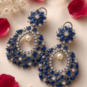 Royal Sapphire Cluster Floral Chandbali Zirconia Earrings-Black Rhodium Finish