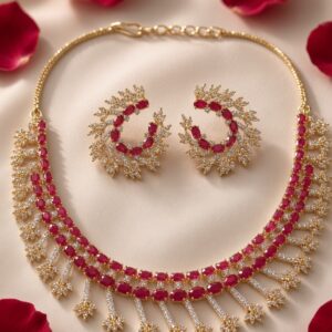 The Majestic Ruby Cascade Cubic Zirconia Necklace Set-Gold Finish