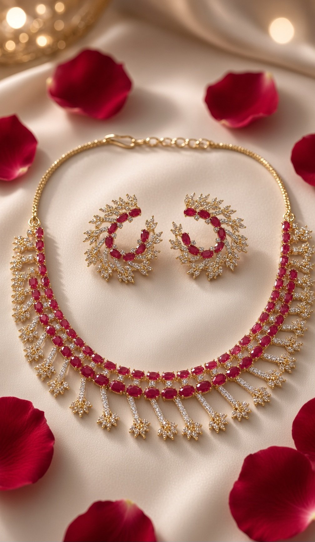 The Majestic Ruby Cascade Cubic Zirconia Necklace Set-Gold Finish