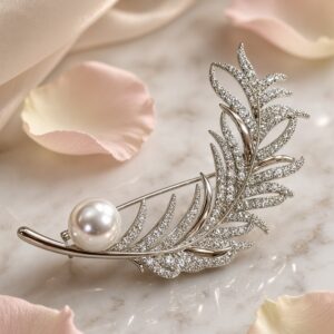 The Lumina Feather Pearl Lapel Brooch-Platinum Finish