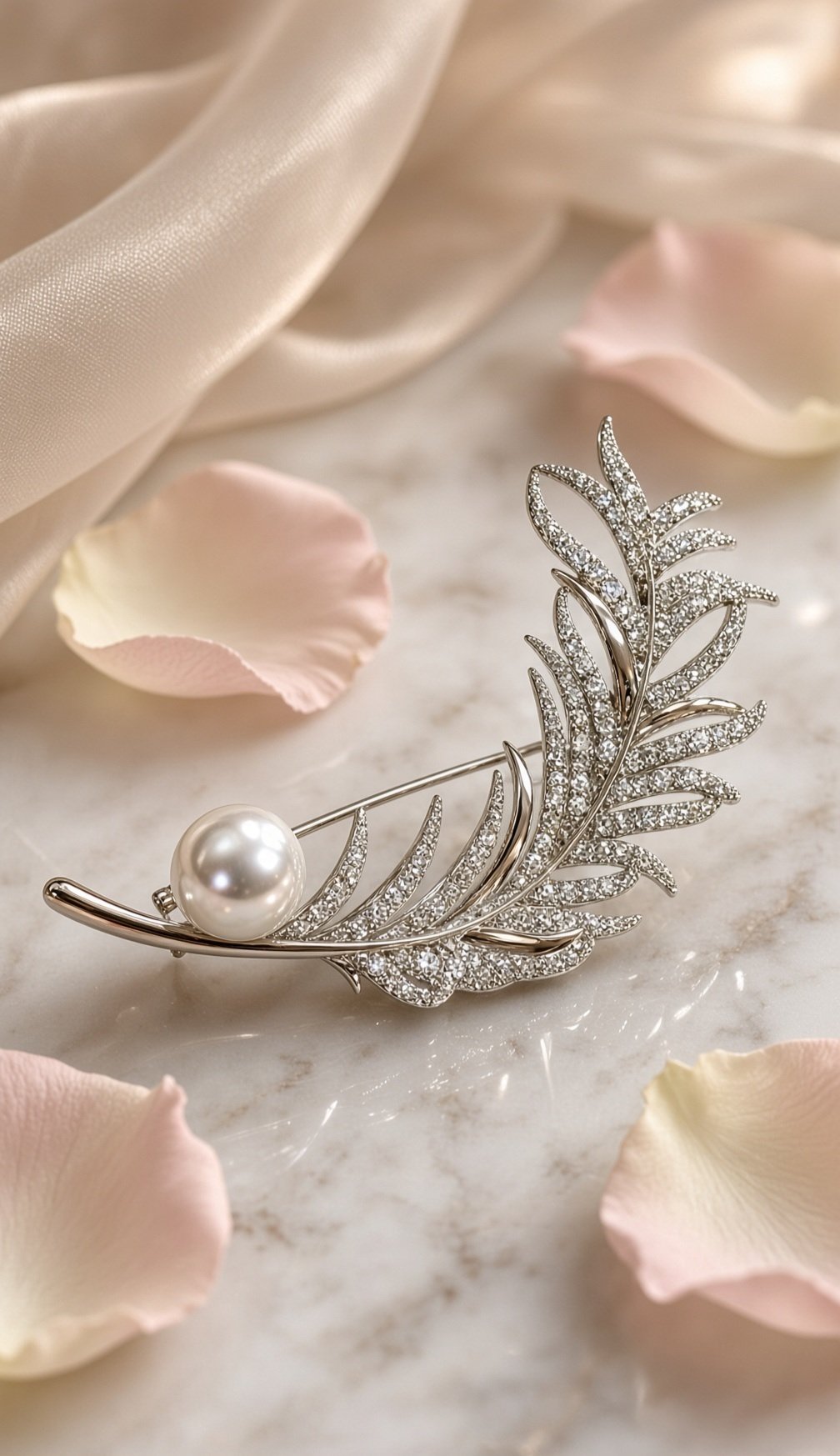 The Lumina Feather Pearl Lapel Brooch-Platinum Finish