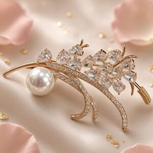 The Celestial Pear Diamond And South Sea Peral Brooch-Gold Finish