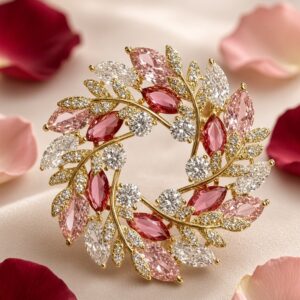 The Rosalia Pink Sapphire Leaf Wreath Brooch-Gold Finish