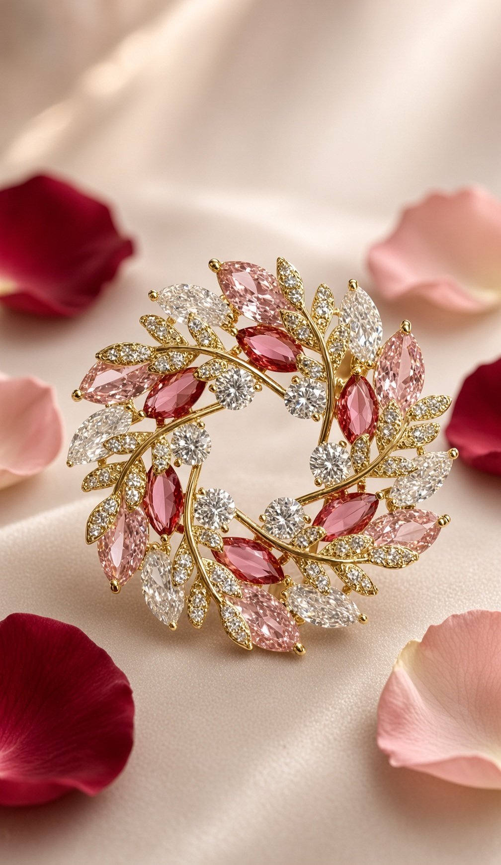 The Rosalia Pink Sapphire Leaf Wreath Brooch-Gold Finish