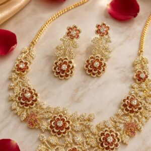 The Crimson Rose Botanical Cubic Zirconia Necklace Set-Gold Finish