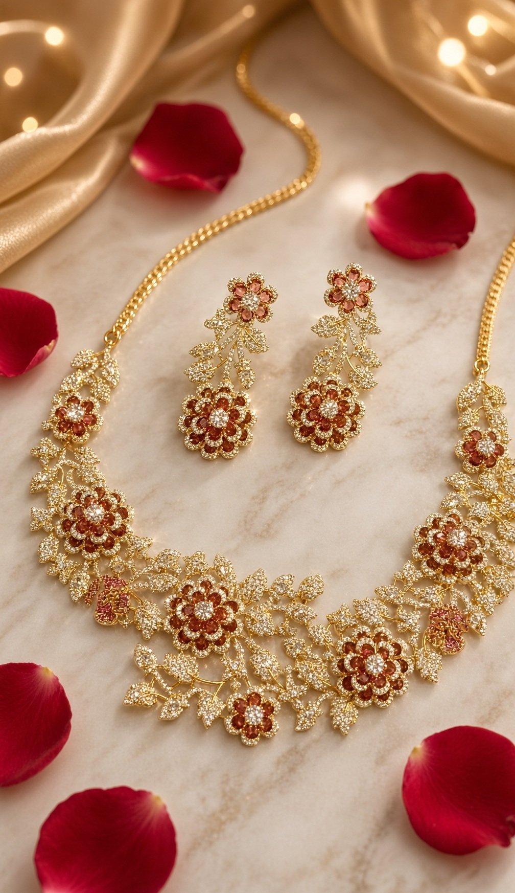 The Crimson Rose Botanical Cubic Zirconia Necklace Set-Gold Finish