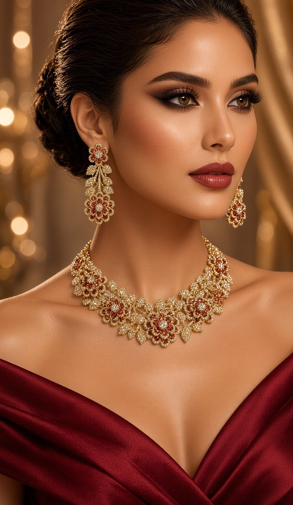 The Crimson Rose Botanical Cubic Zirconia Necklace Set-Gold Finish - Image 2