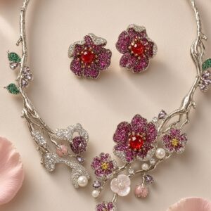 The Crimson Blossom Diamond-Style And Ruby Flora Necklace Set-Platinum Finish