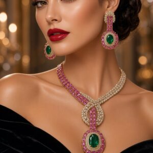 The Crimson Emerald Royale Y-Drop Cz Necklace Set-Gold Finish