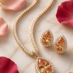 The Royal Aurelia Champagne Topaz Tennis Chain Necklace Set-Gold Finish