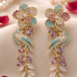 Pastel Crystal Bird Floral Vine Dangle Earrings-Gold Finish