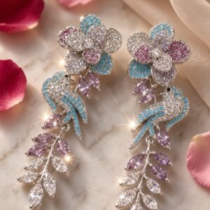 The Celestial Paradise Bird And Blossom Drop Earrings-Platinum Finish