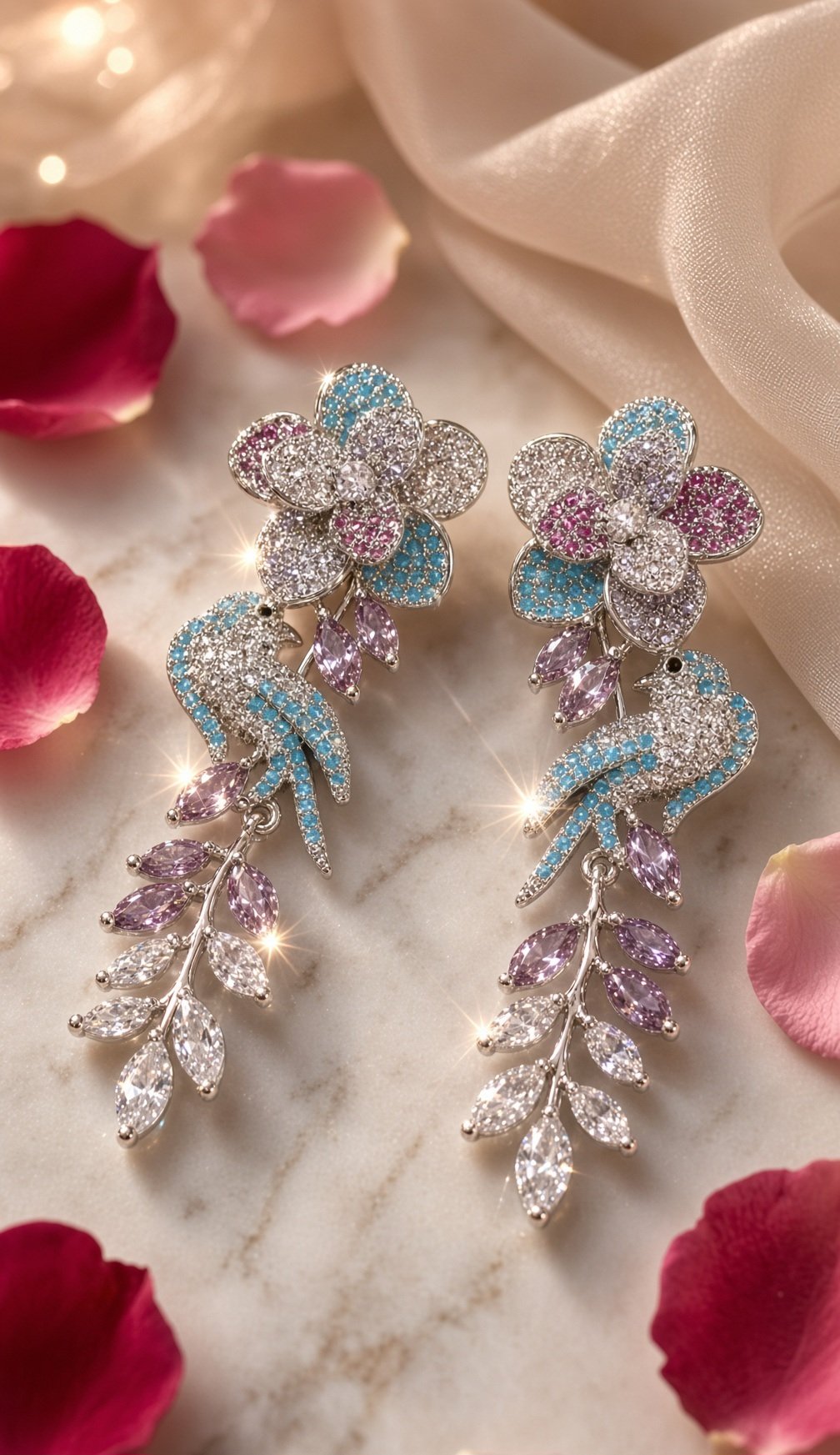 The Celestial Paradise Bird And Blossom Drop Earrings-Platinum Finish