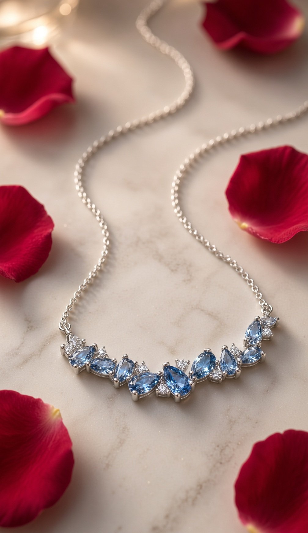 The Celestia Aquamarine Marquise And Pear-Cut Cluster Pendant Chain-Platinum Finish