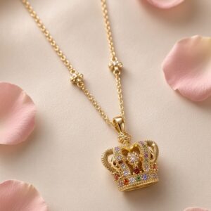 Regal Crown Pendant Multicolor With Stationed Accent Chain-Gold Finish