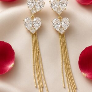 The Amour Double Heart Crystal Fringe Earrings-Gold Finish