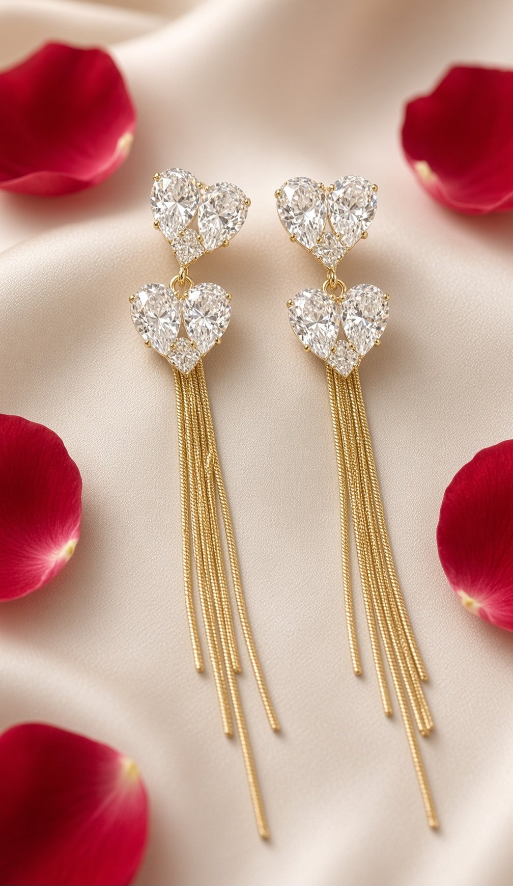 The Amour Double Heart Crystal Fringe Earrings-Gold Finish