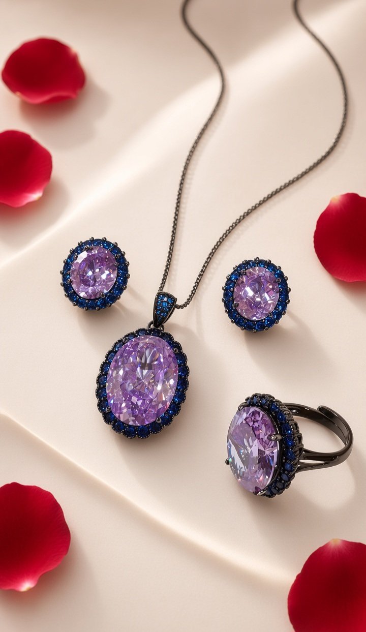 Sovereign Twilight Violet Oval Cut Sapphire Combo Set-Black Rhodium Finish