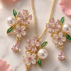 The Sakura Bloom Blush Cz And Pearl Pendant Set-Gold Finish
