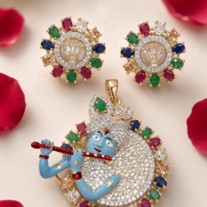The Divine Mural Lord krishna Meenakari Pendant Set-Gold Finish