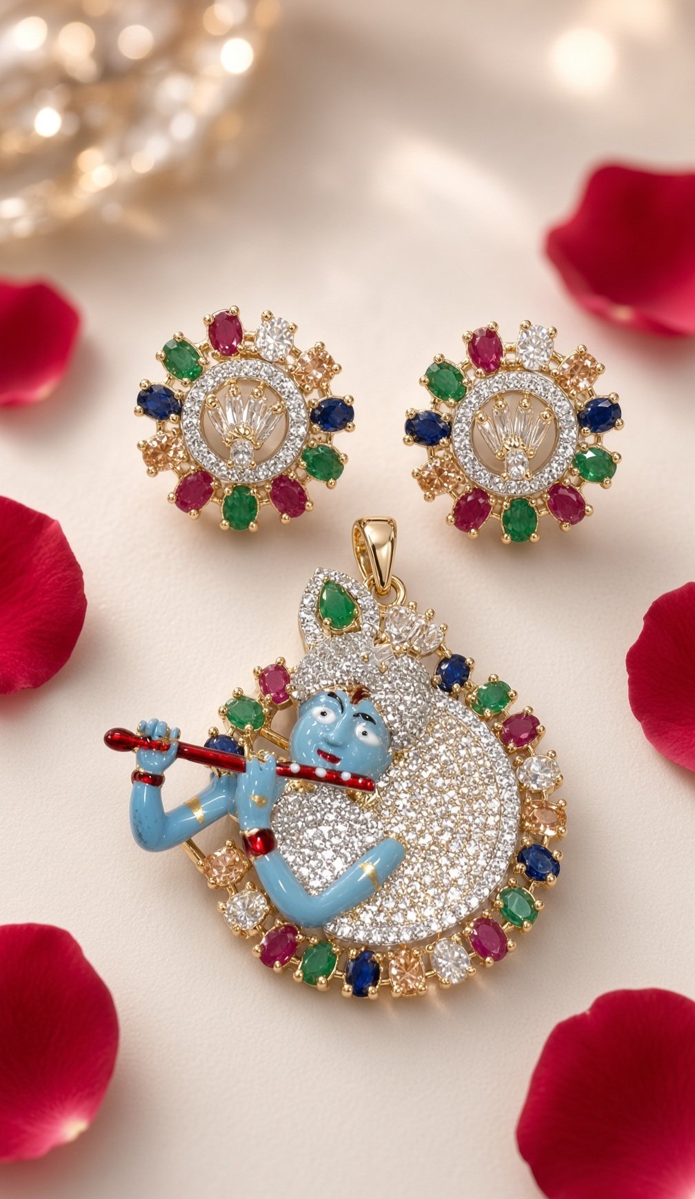 The Divine Mural Lord krishna Meenakari Pendant Set-Gold Finish