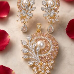 Imperial Blush Zirconia And Pearl Botanical Pendant Set-Gold Finish