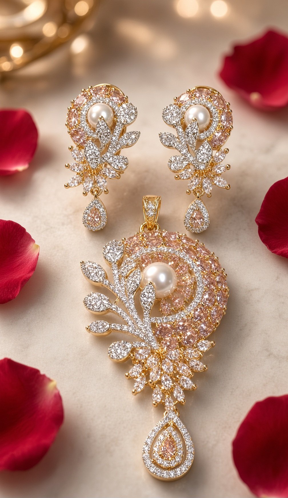 Imperial Blush Zirconia And Pearl Botanical Pendant Set-Gold Finish