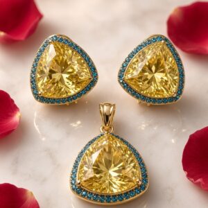 The Golden Critine And Sapphire Blue Halo Trillion Pendant Set-Gold Finish