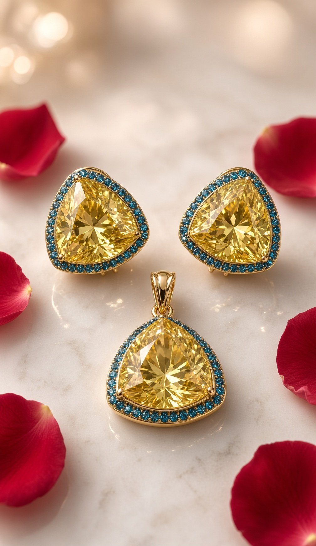The Golden Critine And Sapphire Blue Halo Trillion Pendant Set-Gold Finish