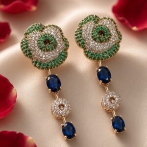 The Royal Botanical Enamel And Sapphire Floral Drop Earrings-Gold Finish