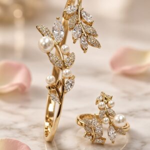 Evangeline Botanical Vine Pearl And Marquise Kada Bracelet With Ring-Gold Finish